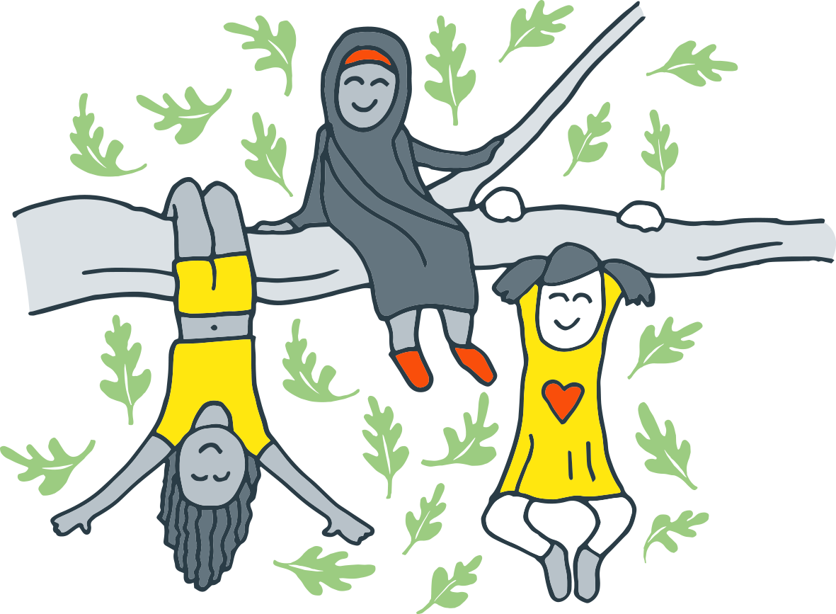 cartoon drawing of 3 young people in a tree
